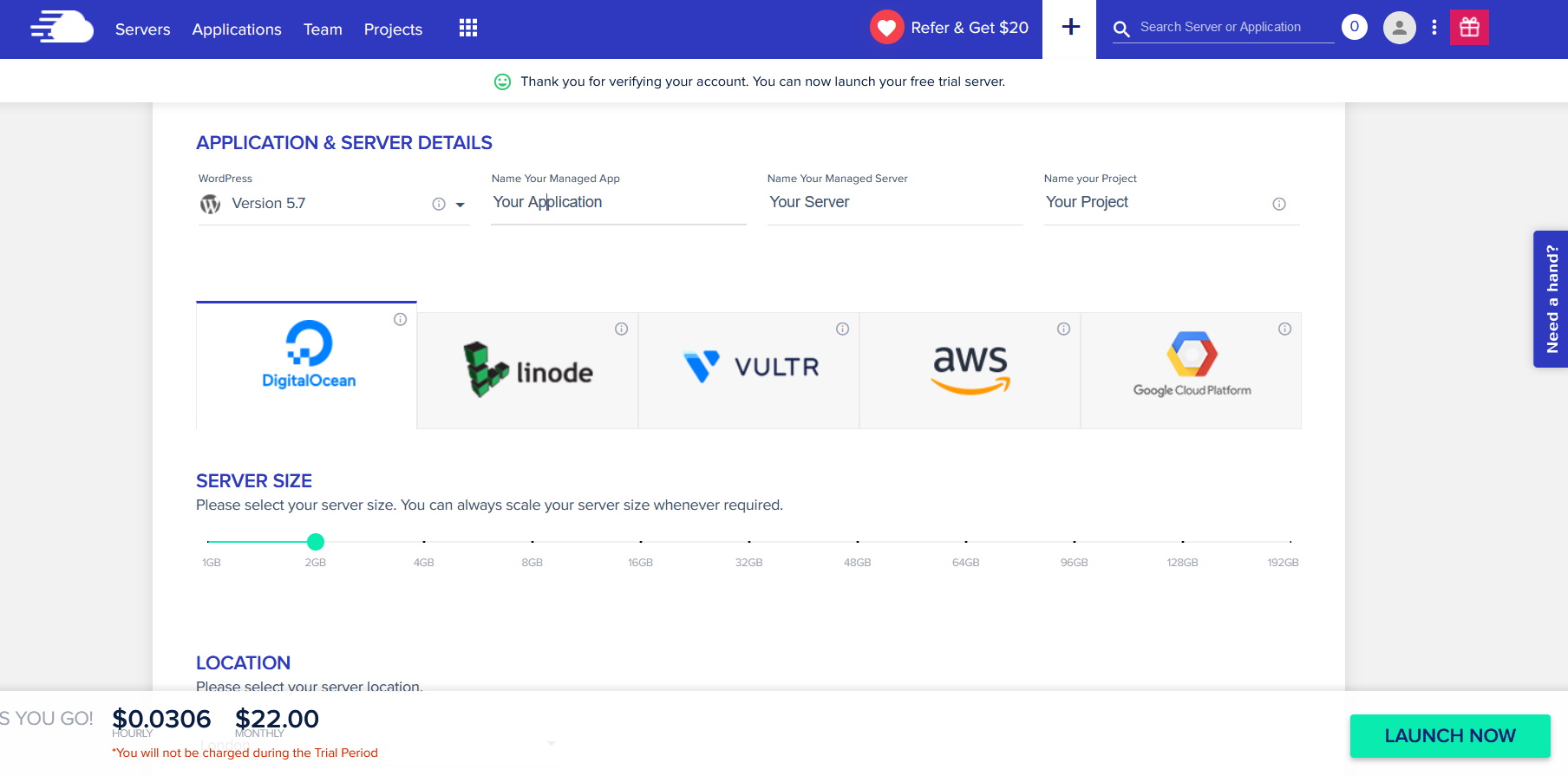 Launch new server - cloudways