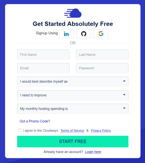 Signup form Cloudways